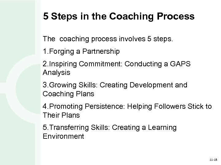 5 Steps in the Coaching Process The coaching process involves 5 steps. 1. Forging