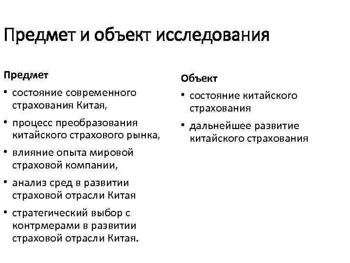 Предмет и объект исследования Предмет • состояние современного страхования Китая, • процесс преобразования китайского