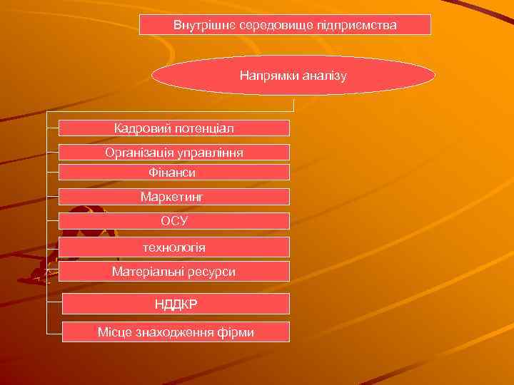 Внутрішнє середовище підприємства Напрямки аналізу Кадровий потенціал Організація управління Фінанси Маркетинг ОСУ технологія Матеріальні