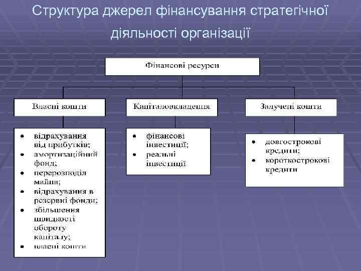 Структура джерел фінансування стратегічної діяльності організації 