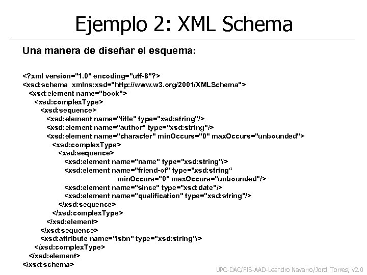 Ejemplo 2: XML Schema Una manera de diseñar el esquema: <? xml version="1. 0"