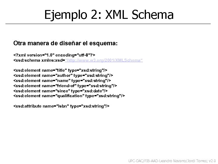 Ejemplo 2: XML Schema Otra manera de diseñar el esquema: <? xml version="1. 0"