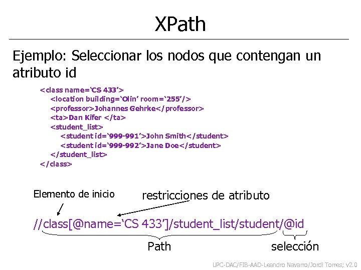 XPath Ejemplo: Seleccionar los nodos que contengan un atributo id <class name=‘CS 433’> <location