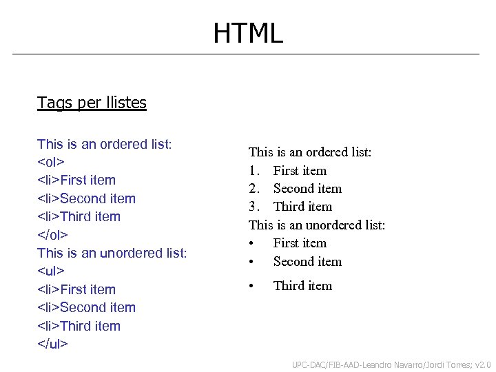HTML Tags per llistes This is an ordered list: <ol> <li>First item <li>Second item