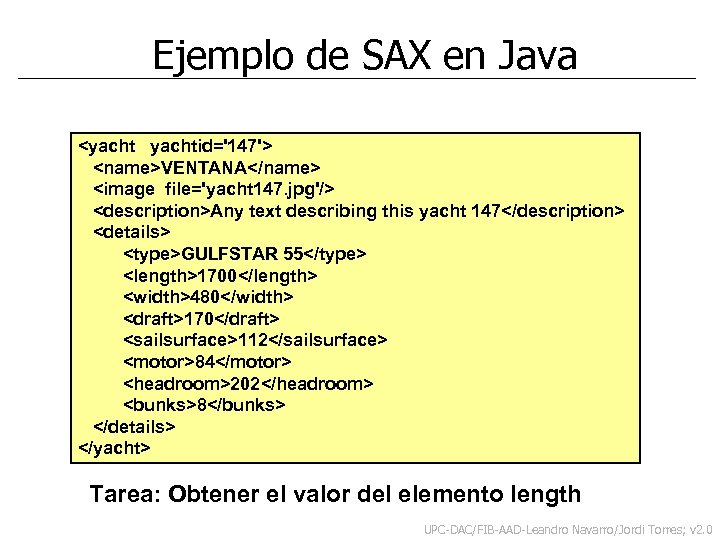 Ejemplo de SAX en Java <yachtid='147'> <name>VENTANA</name> <image file='yacht 147. jpg'/> <description>Any text describing