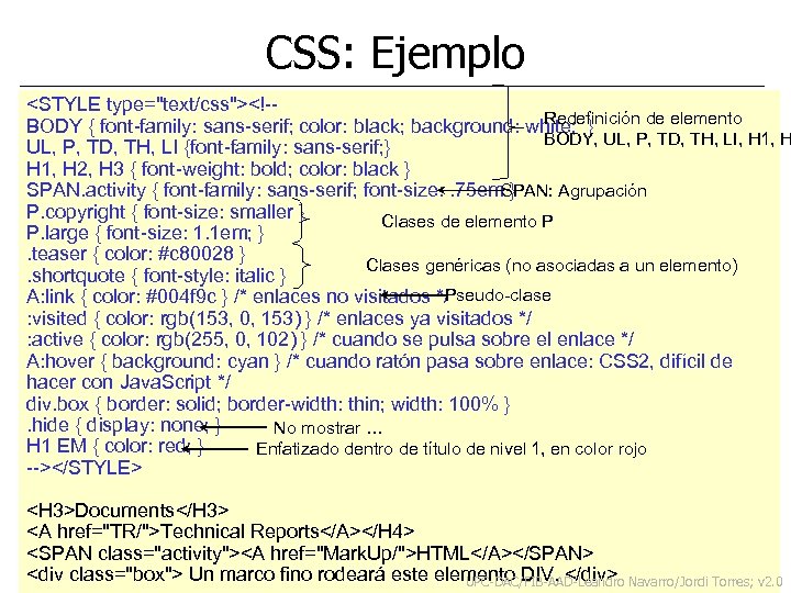 CSS: Ejemplo <STYLE type="text/css"><!-Redefinición de elemento BODY { font-family: sans-serif; color: black; background: white;