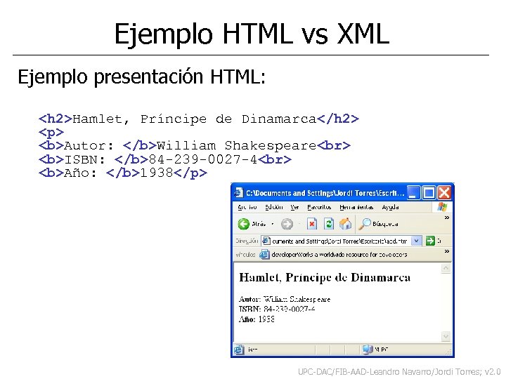 Ejemplo HTML vs XML Ejemplo presentación HTML: <h 2>Hamlet, Príncipe de Dinamarca</h 2> <p>