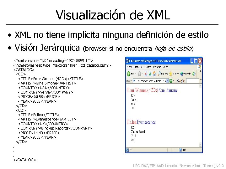 Visualización de XML • XML no tiene implícita ninguna definición de estilo • Visión