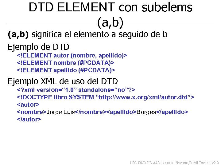 DTD ELEMENT con subelems (a, b) significa el elemento a seguido de b Ejemplo