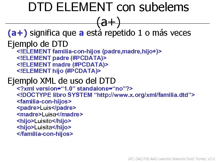 DTD ELEMENT con subelems (a+) significa que a está repetido 1 o más veces