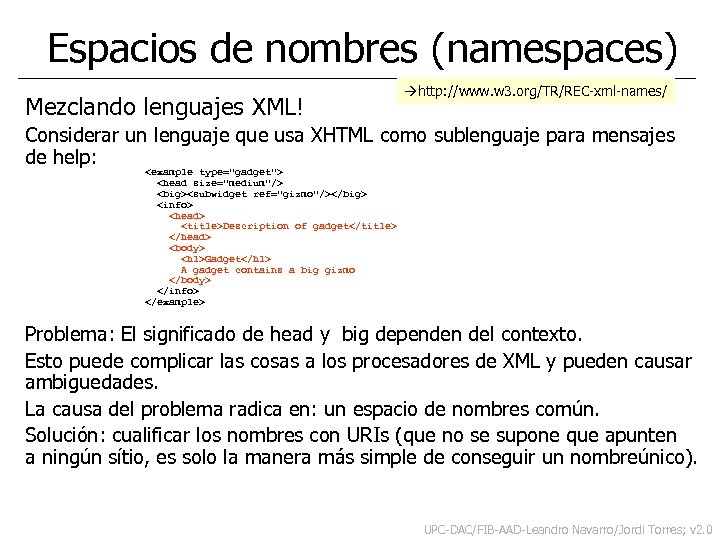 Espacios de nombres (namespaces) Mezclando lenguajes XML! http: //www. w 3. org/TR/REC-xml-names/ Considerar un