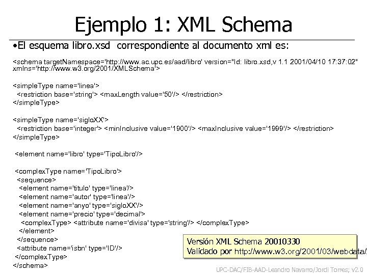 Ejemplo 1: XML Schema • El esquema libro. xsd correspondiente al documento xml es: