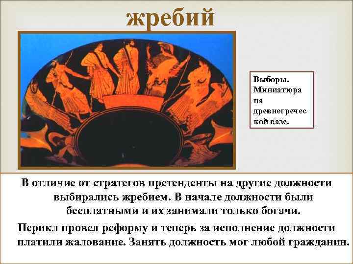 жребий Выборы. Миниатюра на древнегречес кой вазе. В отличие от стратегов претенденты на другие