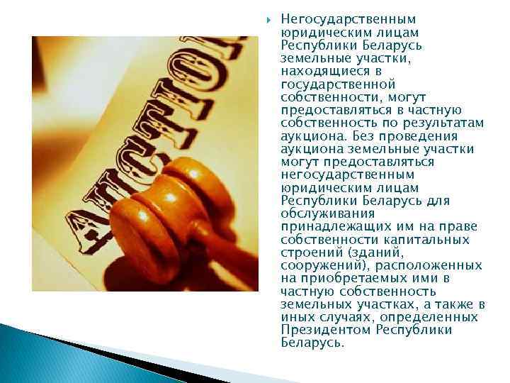  Негосударственным юридическим лицам Республики Беларусь земельные участки, находящиеся в государственной собственности, могут предоставляться