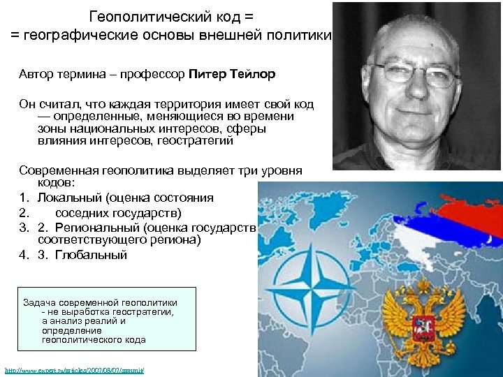 Геополитический код = = географические основы внешней политики Автор термина – профессор Питер Тейлор