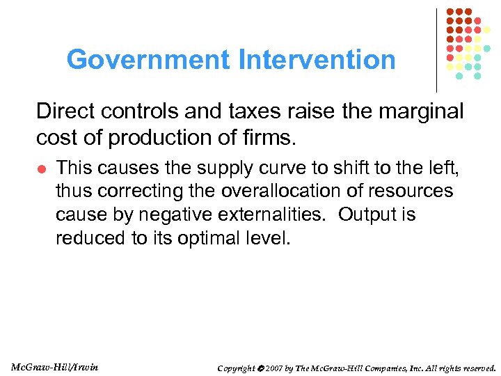 Government Intervention Direct controls and taxes raise the marginal cost of production of firms.