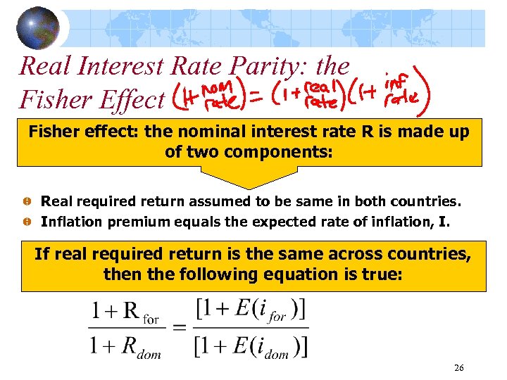 Real Interest Rate Parity: the Fisher Effect Fisher effect: the nominal interest rate R