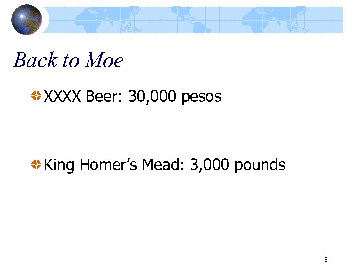 Back to Moe XXXX Beer: 30, 000 pesos King Homer’s Mead: 3, 000 pounds