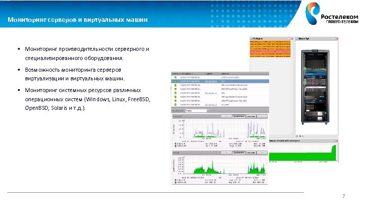 Мониторинг серверов и виртуальных машин • Мониторинг производительности серверного и специализированного оборудования. • Возможность