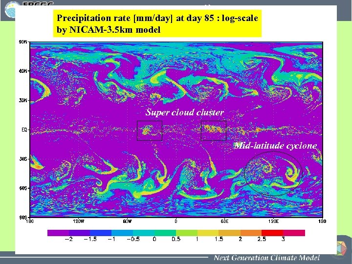 OLR(1 S-1 S平均) Precipitation rate [mm/day] at day 85 : log-scale by NICAM-3. 5