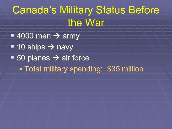Canada’s Military Status Before the War § 4000 men army § 10 ships navy