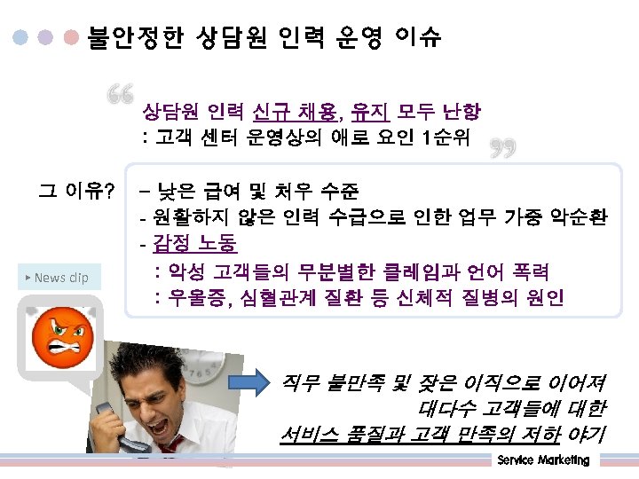 불안정한 상담원 인력 운영 이슈 상담원 인력 신규 채용, 유지 모두 난항 : 고객