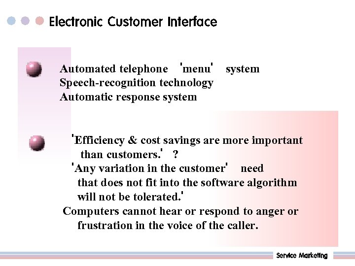 Electronic Customer Interface Automated telephone ‘menu’ system Speech-recognition technology Automatic response system ‘Efficiency &