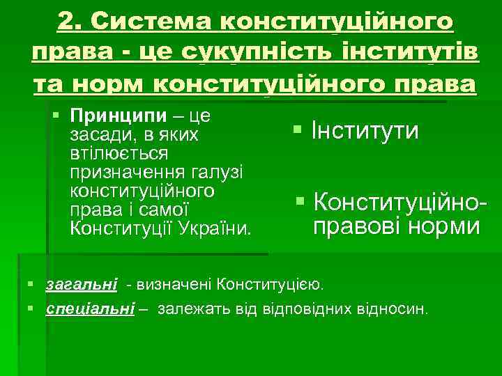 2. Система конституційного права - це сукупність інститутів та норм конституційного права § Принципи