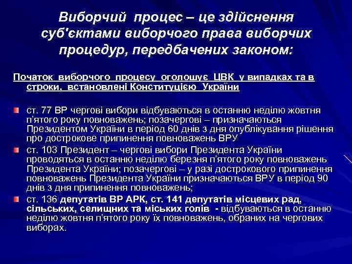 Виборчий процес – це здійснення суб'єктами виборчого права виборчих процедур, передбачених законом: Початок виборчого