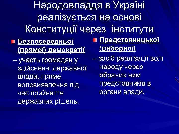 Народовладдя в Україні реалізується на основі Конституції через інститути Представницької Безпосередньої (виборної) (прямої) демократії