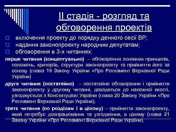 ІІ стадія - розгляд та обговорення проектів o включення проекту до порядку денного сесії