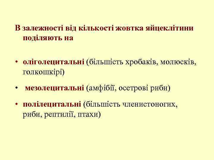 В залежності від кількості жовтка яйцеклітини поділяють на • оліголецитальні (більшість хробаків, молюсків, голкошкірі)