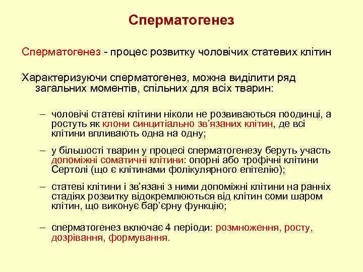 Сперматогенез - процес розвитку чоловічих статевих клітин Характеризуючи сперматогенез, можна виділити ряд загальних моментів,