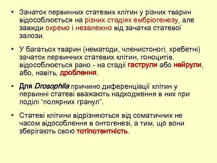  • Зачаток первинних статевих клітин у різних тварин відособлюється на різних стадіях ембріогенезу,