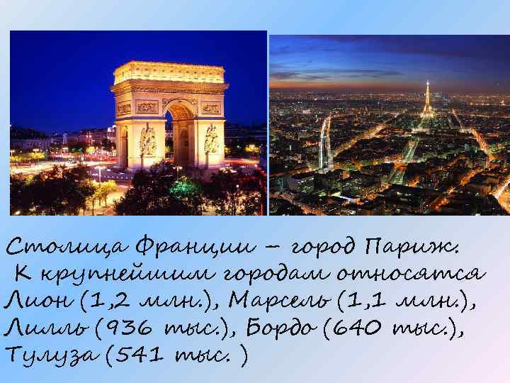 Столица Франции – город Париж. К крупнейшим городам относятся Лион (1, 2 млн. ),