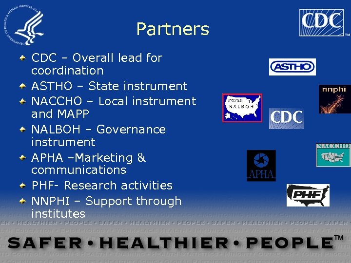 Partners CDC – Overall lead for coordination ASTHO – State instrument NACCHO – Local