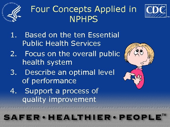 Four Concepts Applied in NPHPS 1. Based on the ten Essential Public Health Services