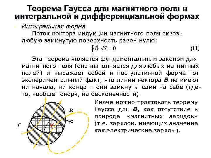 Теорема Гаусса для магнитного поля в интегральной и дифференциальной формах n Интегральная форма Поток