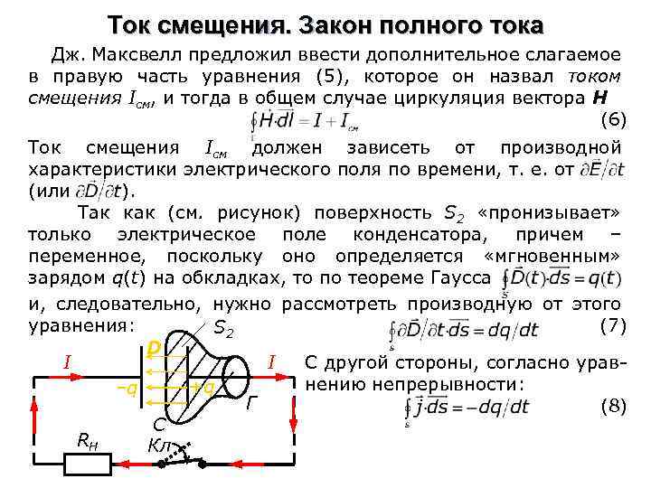 Ток смещения. Закон полного тока Дж. Максвелл предложил ввести дополнительное слагаемое в правую часть