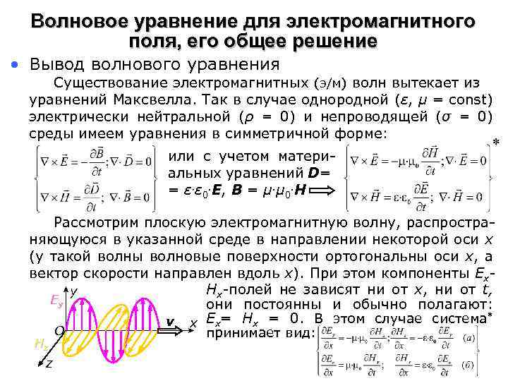 Волновое уравнение для электромагнитного поля, его общее решение • Вывод волнового уравнения Существование электромагнитных