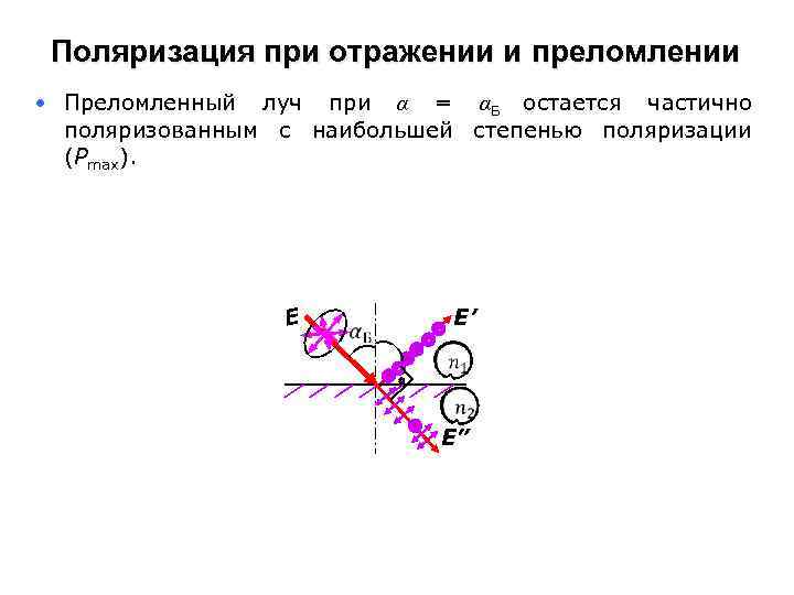 Поляризация при отражении и преломлении • Преломленный луч при α = αБ остается частично