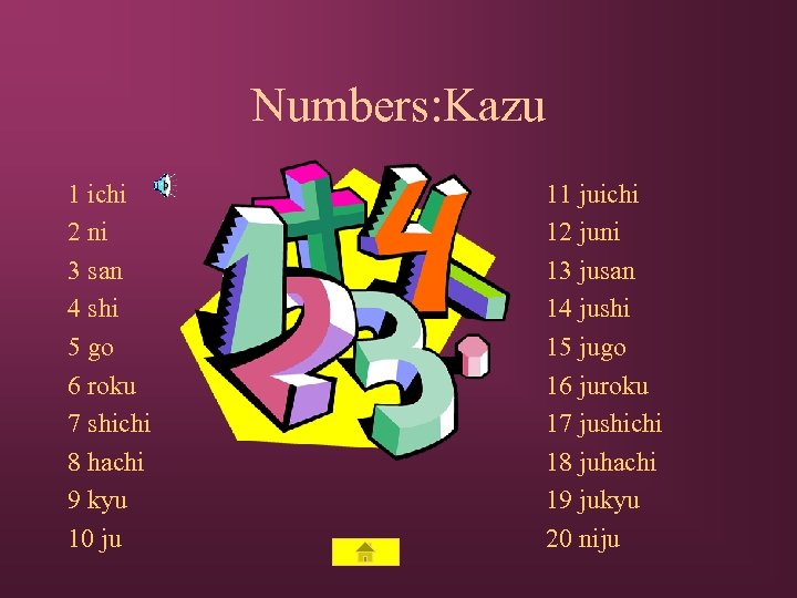 Numbers: Kazu 1 ichi 2 ni 3 san 4 shi 5 go 6 roku