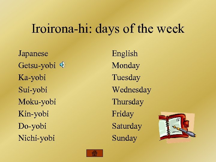 Iroirona-hi: days of the week Japanese Getsu-yobi Ka-yobi Sui-yobi Moku-yobi Kin-yobi Do-yobi Nichi-yobi English