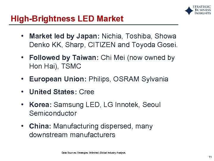 High-Brightness LED Market • Market led by Japan: Nichia, Toshiba, Showa Denko KK, Sharp,
