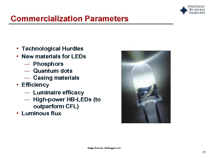 Commercialization Parameters • Technological Hurdles • New materials for LEDs — Phosphors — Quantum