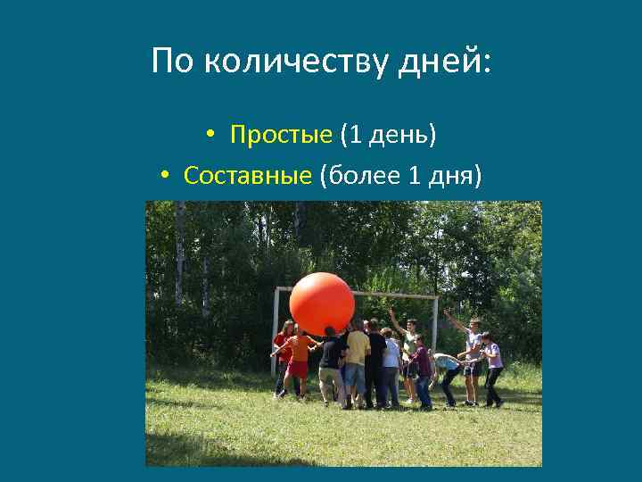 По количеству дней: • Простые (1 день) • Составные (более 1 дня) 