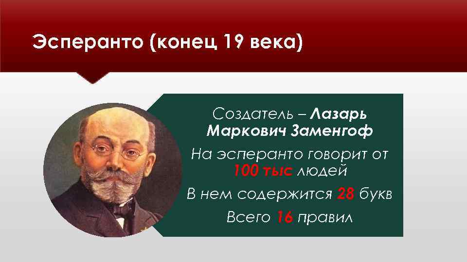 Эсперанто (конец 19 века) Создатель – Лазарь Маркович Заменгоф На эсперанто говорит от 100