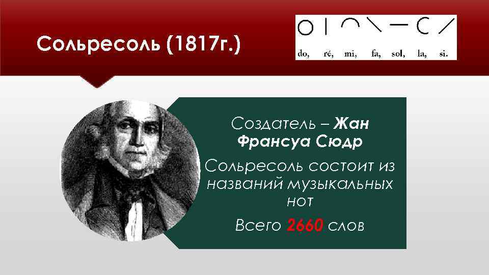 Сольресоль (1817 г. ) Создатель – Жан Франсуа Сюдр Сольресоль состоит из названий музыкальных