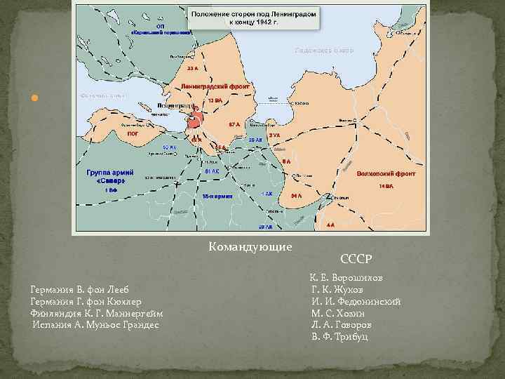  Командующие Германия В. фон Лееб Германия Г. фон Кюхлер Финляндия К. Г. Маннергейм