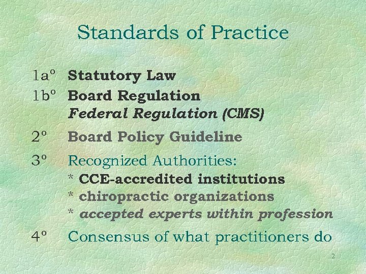 Standards of Practice 1 aº Statutory Law 1 bº Board Regulation Federal Regulation (CMS)